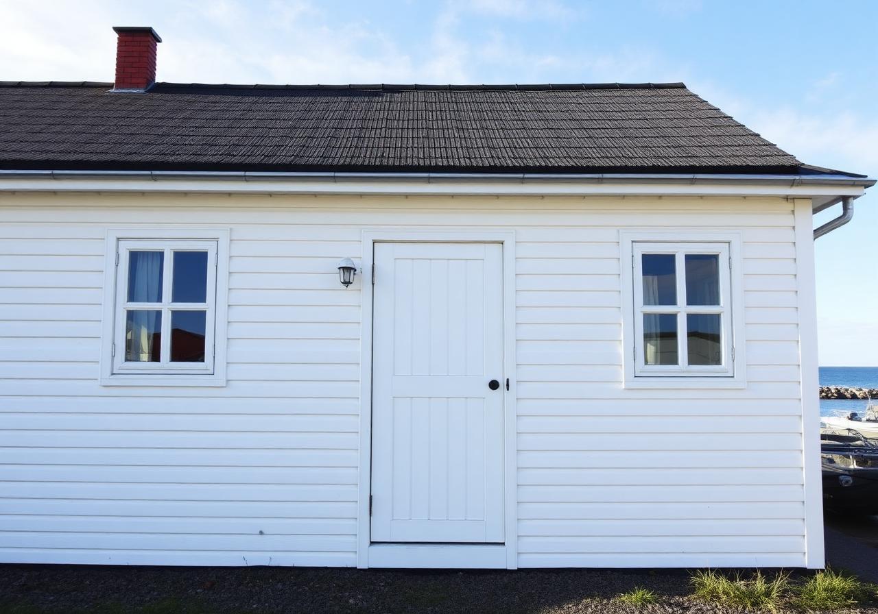 Utvendig maling av hvit fasade ved sjøen i Arendal
