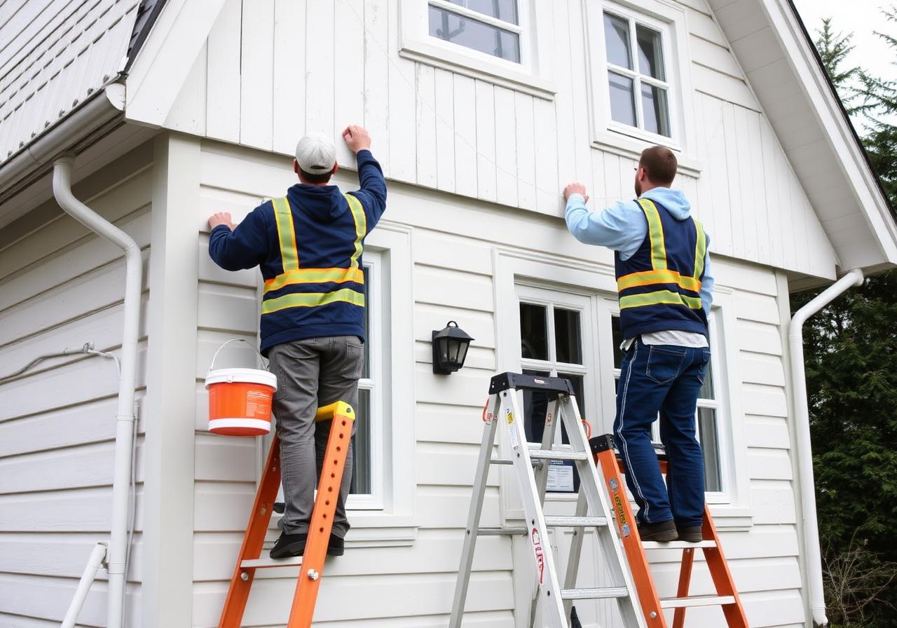 Malere i arbeid på hus i Grimstad