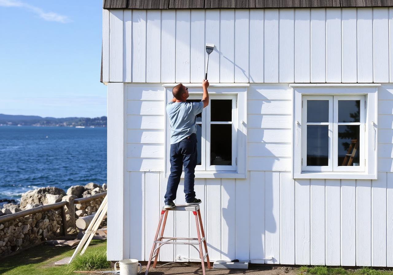Utvendig maling av hvit fasade ved sjøen i Grimstad