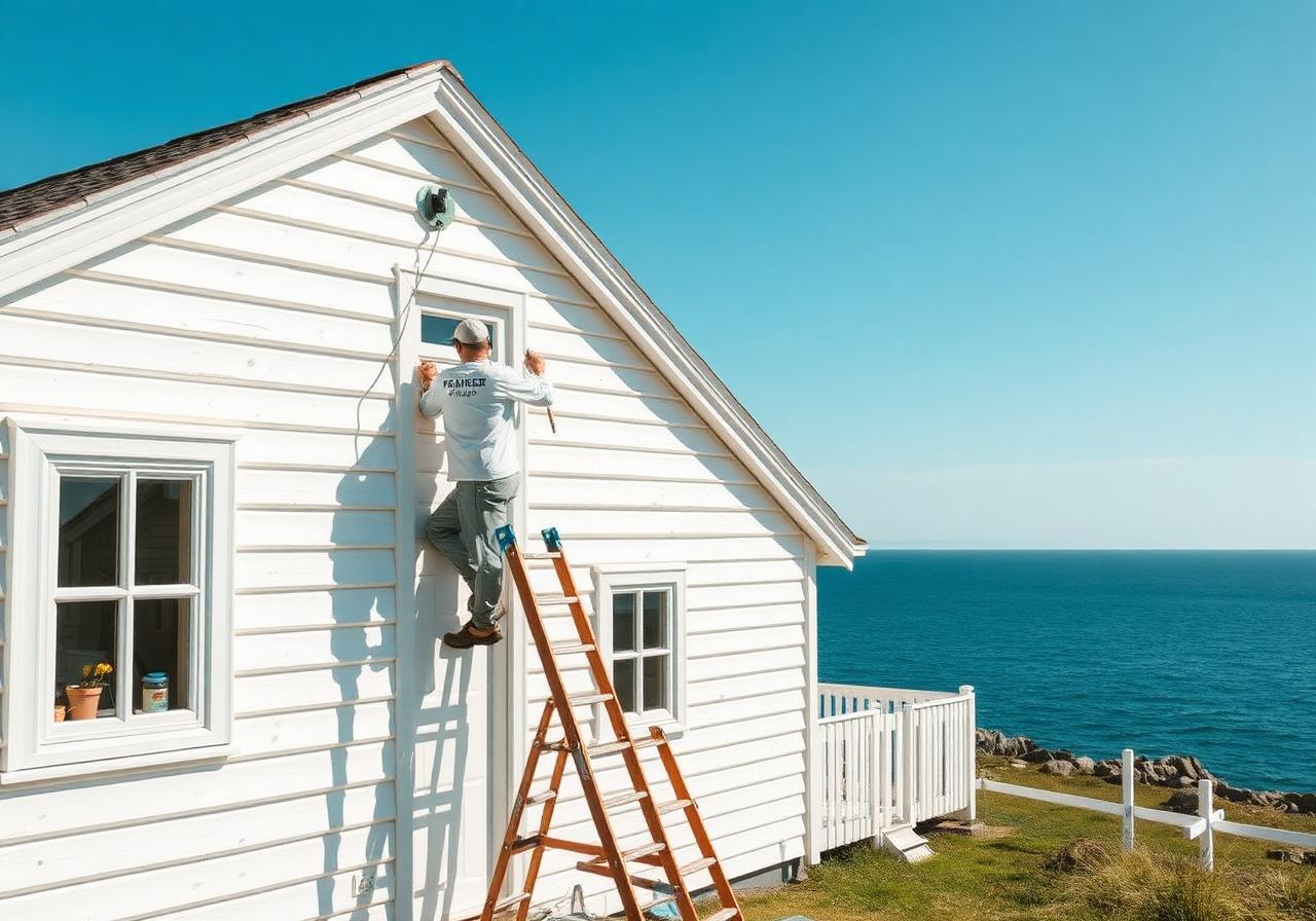 Utvendig maling av hvit fasade i Lillesand